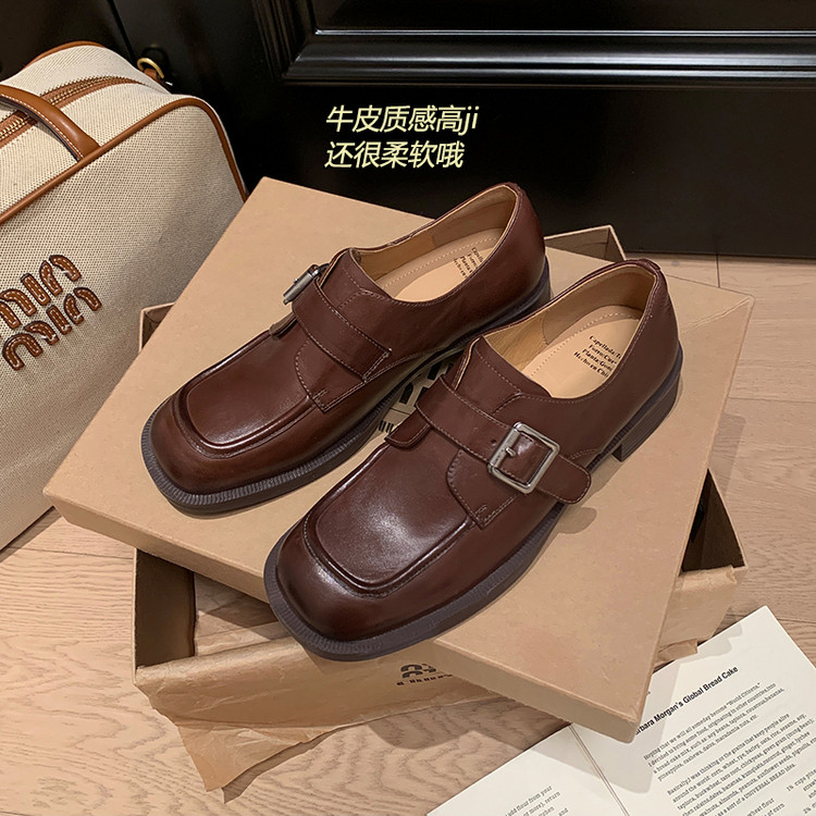 全码福利款，4厘米粗跟方头头层水洗小牛皮乐福鞋单鞋