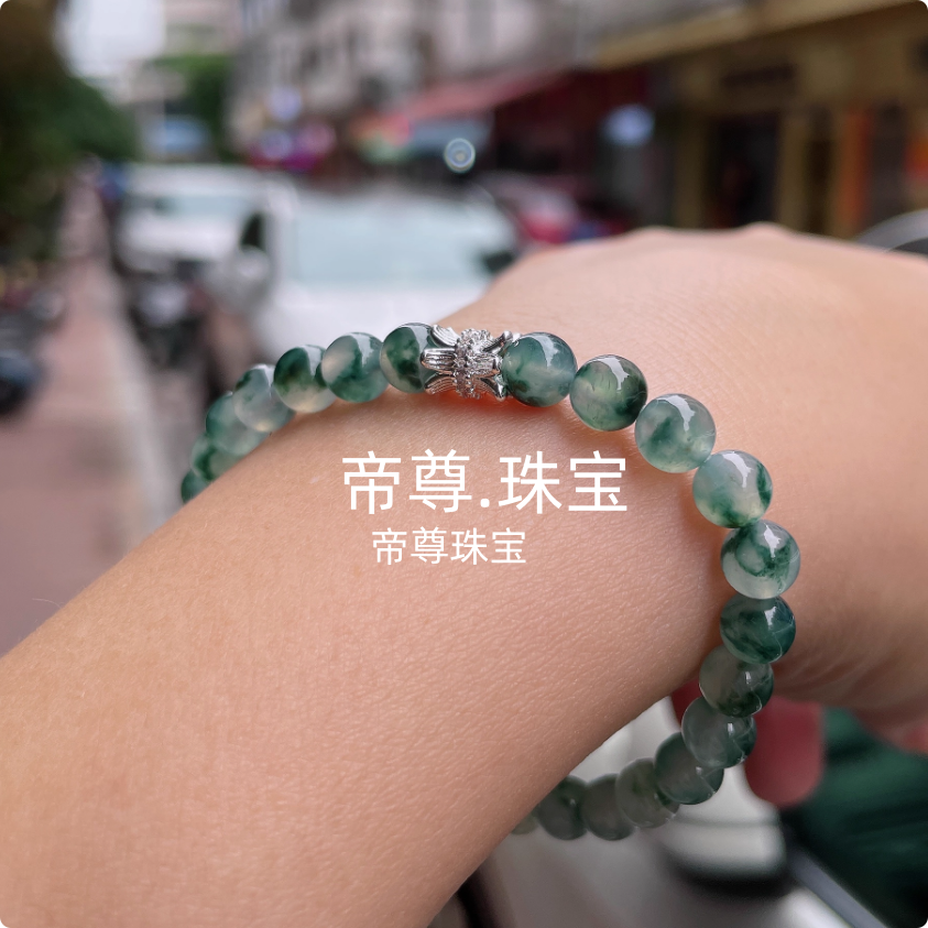 白冰飘蓝花男女款圆珠子玉石手串