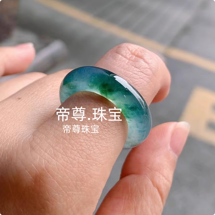 白冰种飘蓝花新款玉石戒指指环