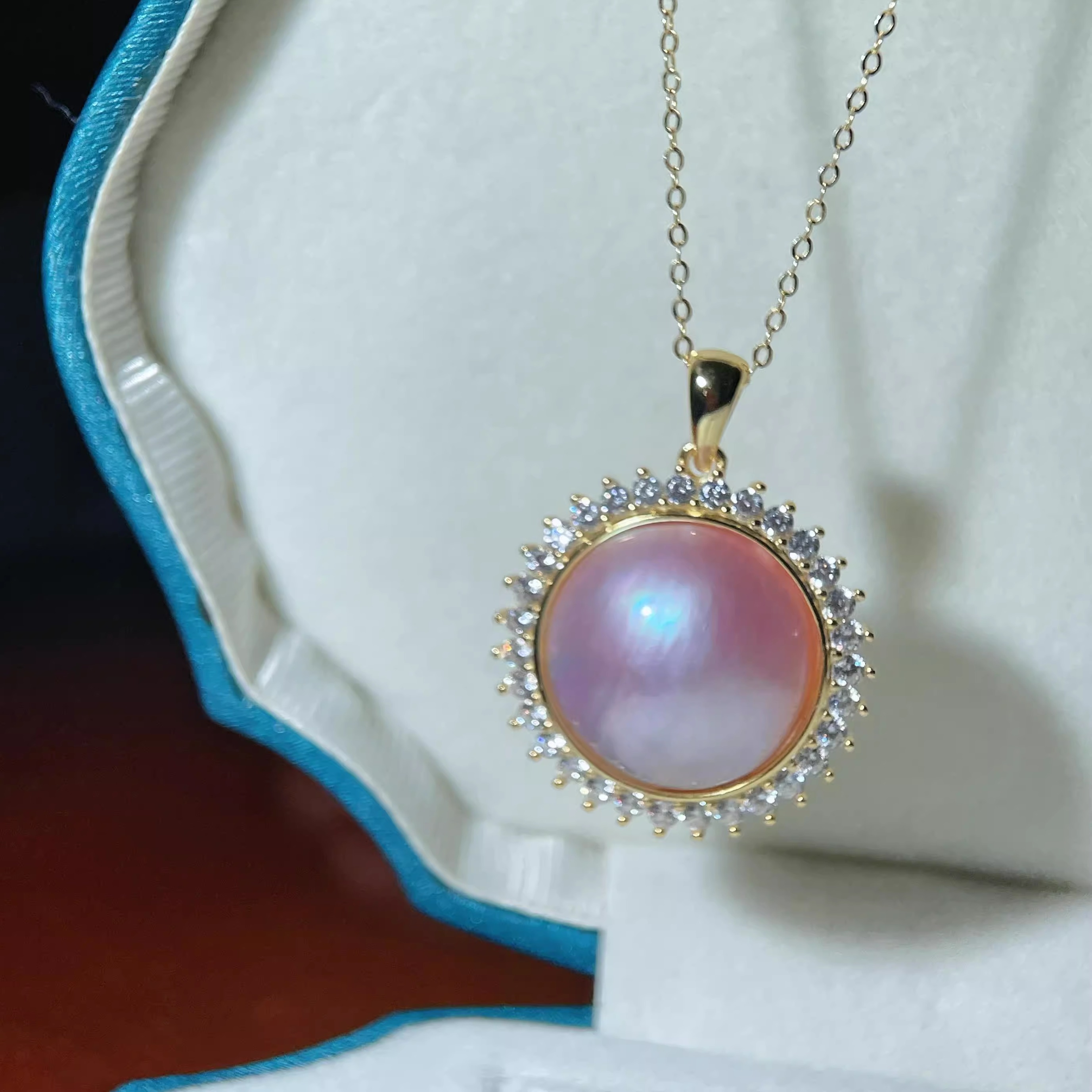 天然海水粉圆马贝太阳花款17-18MM大点位吊坠S925纯银精工镶嵌