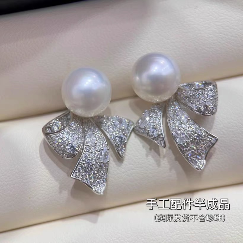 DIY配件丝带结珍珠耳钉空托S925纯银精工素钉可拆分精致甜美耳饰