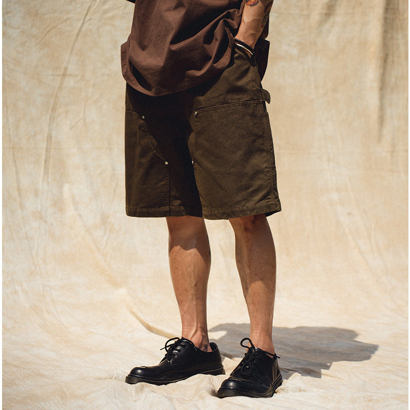libertyline夏季日系宽松休闲短裤新款中裤大口袋工装裤男咖啡棕