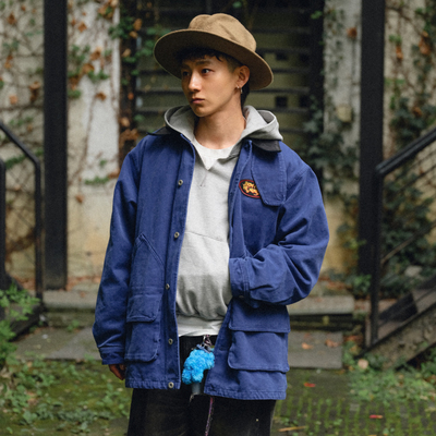 Liberty line25fw美式复古刺绣经典猎装改牛皮领重磅水洗帆布夹克