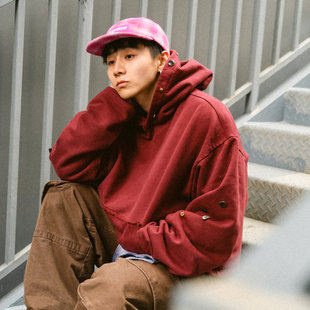 Liberty line26ss美式remake风手工纽扣boxy剪裁重磅短宽连帽卫衣