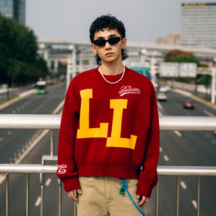 Liberty line25aw街头撞色字母重磅全棉纱线短宽剪裁圆领针织毛衣