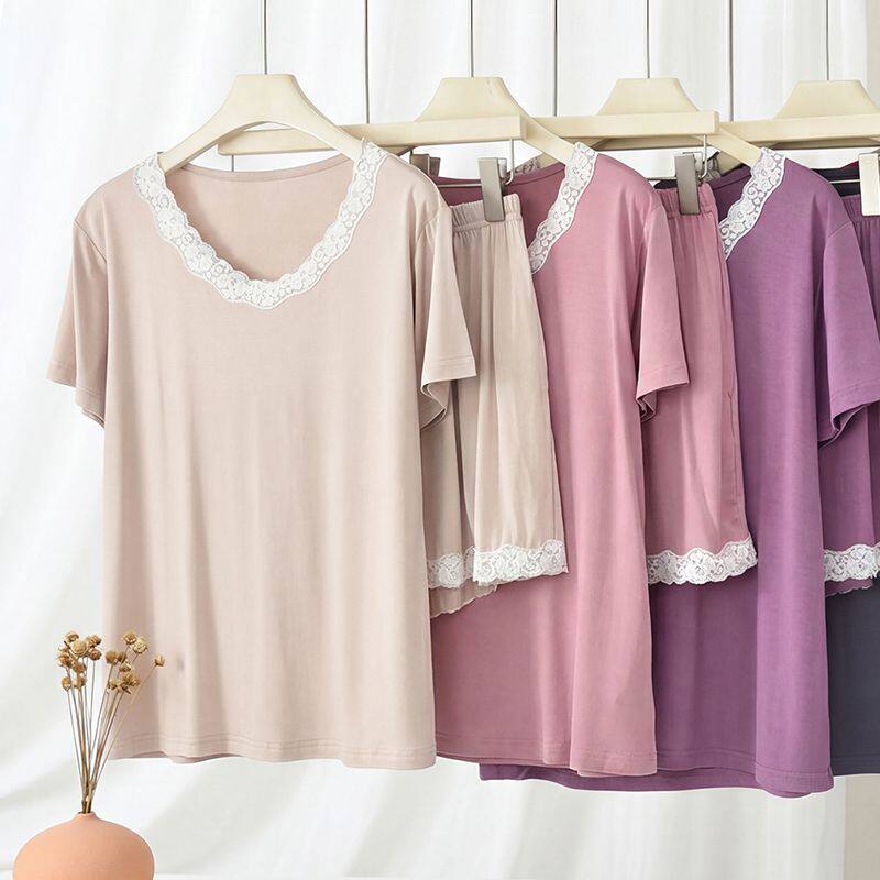 莫代尔女夏大码家居服蕾丝花边短袖短裤套装宽松T恤休闲裤两件套