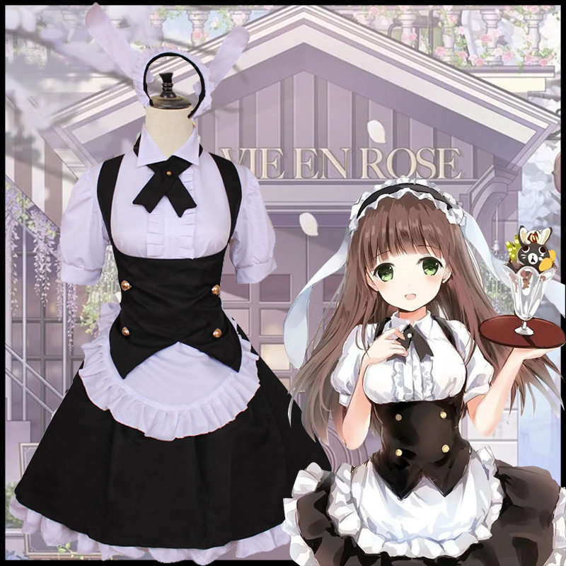 现货原创日系黑白女仆装小兔子耳朵燕尾连衣裙俏皮lolita蓬蓬裙