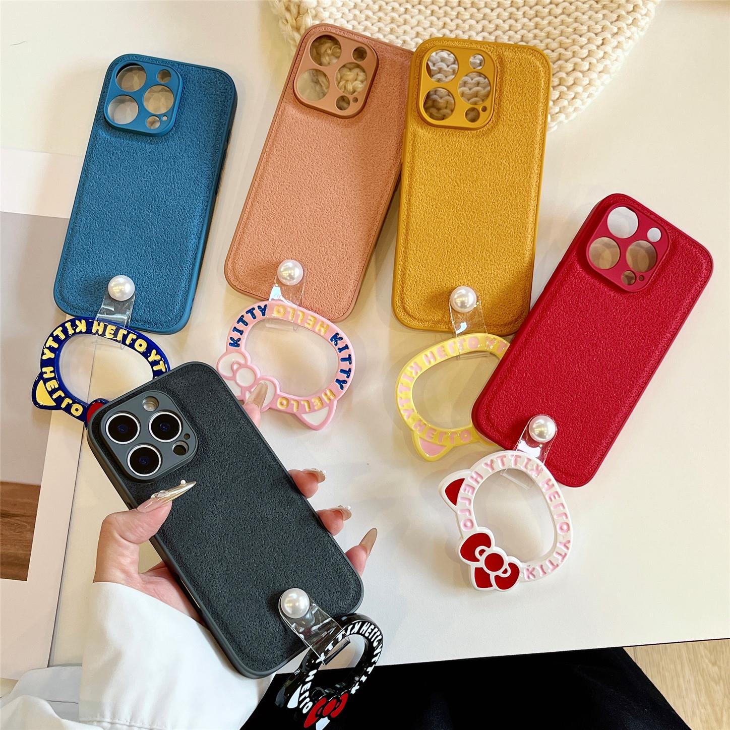 韩风ins可爱kt猫指扣适用苹果16promax手机壳新款iPhone15高级感14pro皮纹13保护套12promax女款11防摔xr硬壳