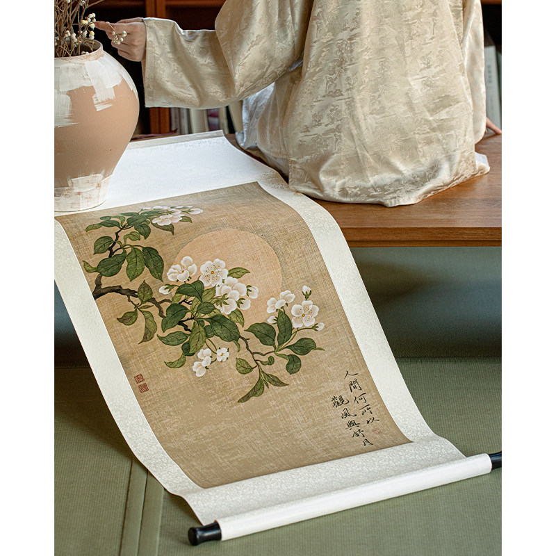 新中式宋代美学卷轴挂画客厅背景墙古画壁画法式中国风长条装饰画