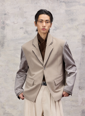 芸蚁〔白月光〕奢感撞色拼接异形皱褶提花翻驳领结构双袋西装外套