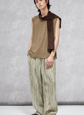 芸蚁「犬青」植物染做旧破坏阔腿条纹长裤_舞