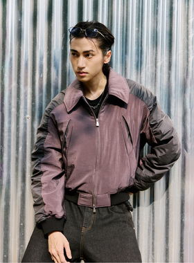 芸蚁〔寒战〕弯刀袖弧形抽褶刀割暗褶飞行员Bomber改良紫绗棉棉服