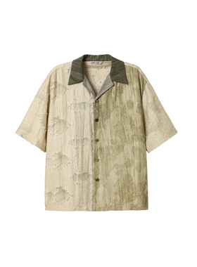 芸蚁〔冰翡翠〕植物扎染民族风特殊烧花肌理破坏渔网拼接短袖衬衫