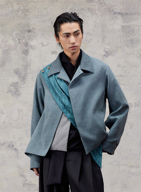 芸蚁〔蓝莲花〕多形态北极蓝棉麻混纺错落裁剪丝巾结构夹克外套