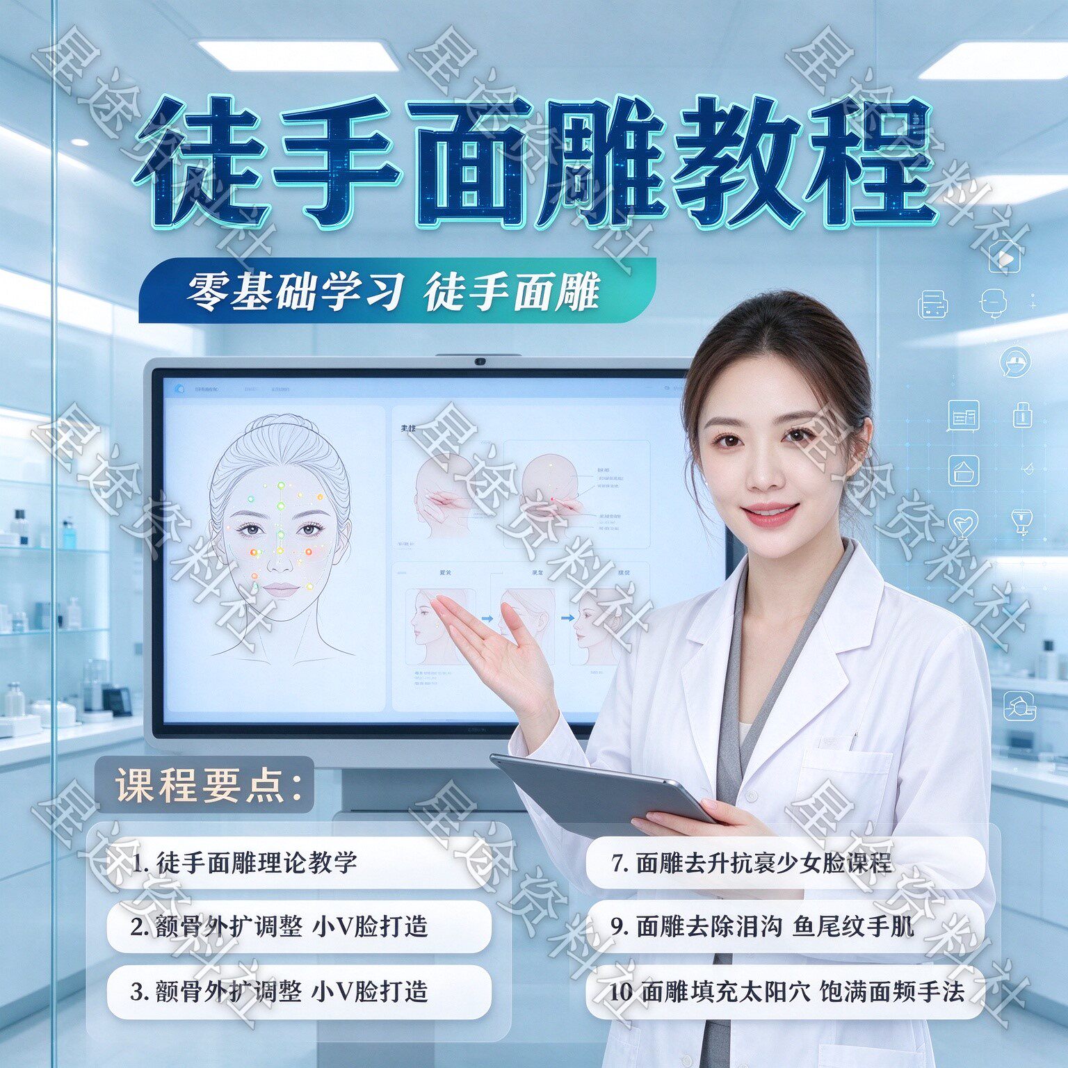 徒手面雕视频教程方形脸下颚骨调整打造面部小V脸抗衰手法教学课