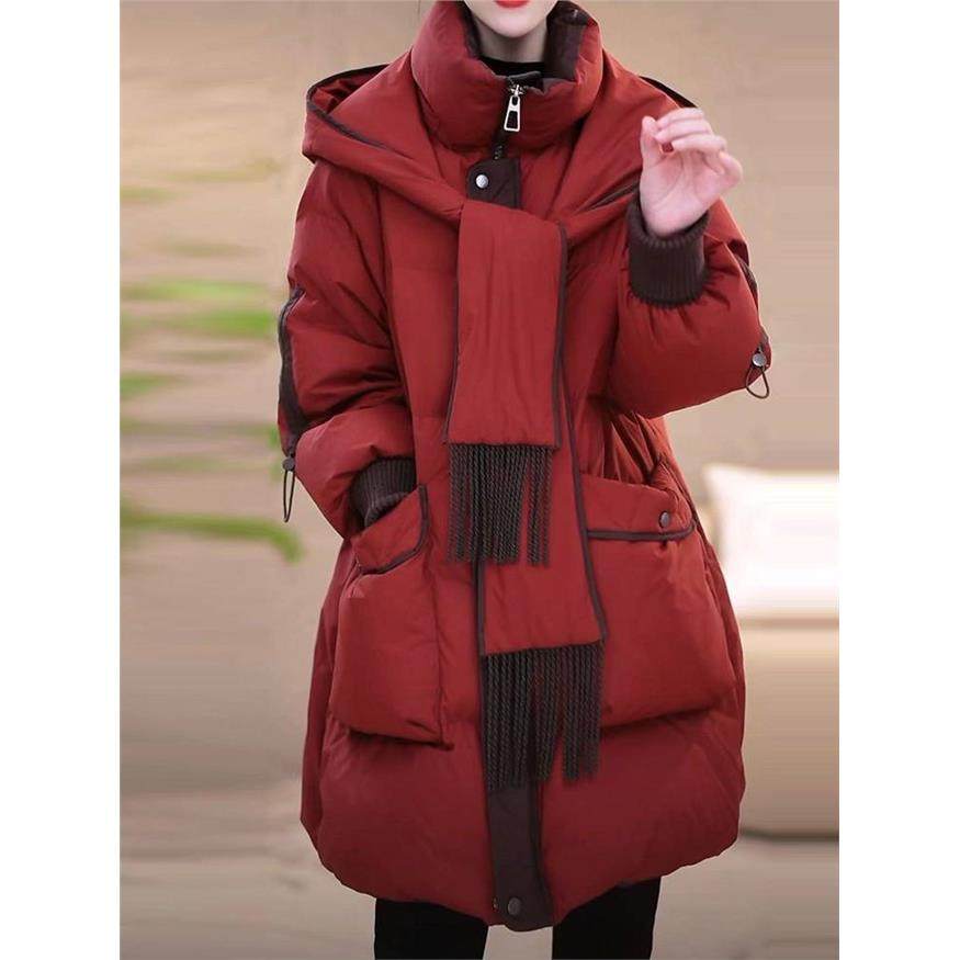 轻奢设计感连帽围巾羽绒棉服外套女冬季厚实保暖中长款红色棉袄子,个性定制/设计服务/DIY,棉服工装,淘宝优惠券,粉丝福利购,淘宝优惠卷