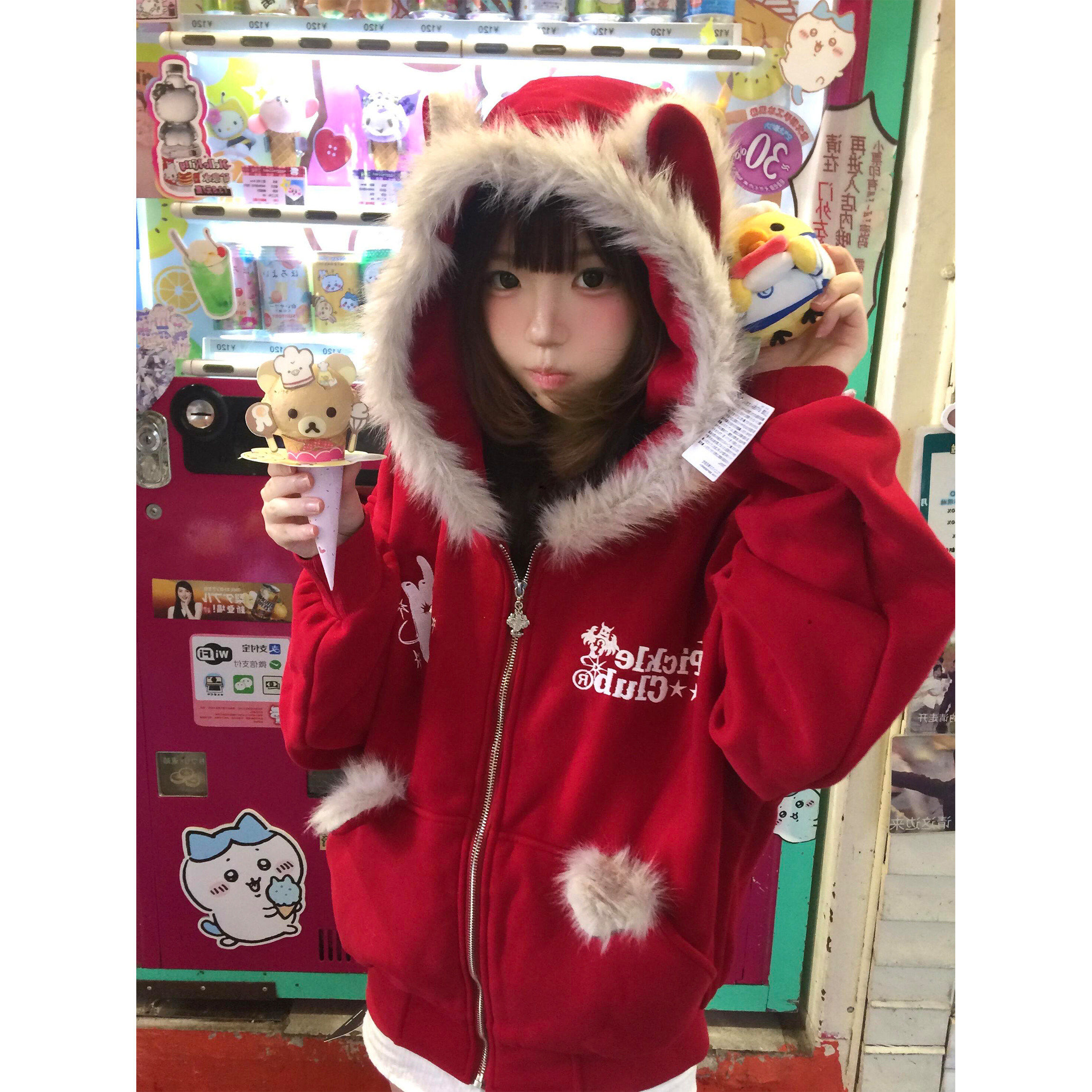 红色幽灵刺绣毛领红色卫衣女秋冬加绒宽松慵懒风圣诞节氛围感外套,个性定制/设计服务/DIY,棉服工装,淘宝优惠券,粉丝福利购,淘宝优惠卷