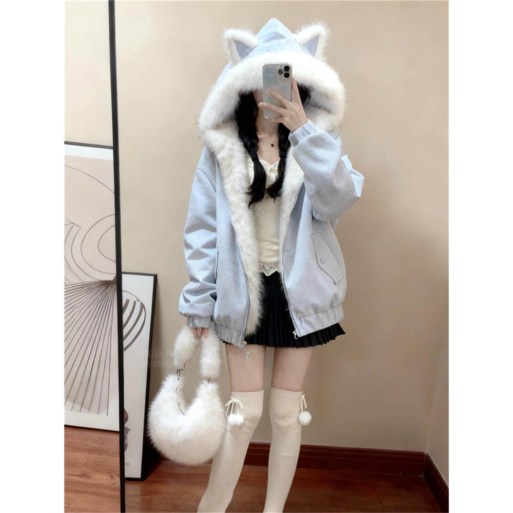 毛茸茸猫耳朵蓝色连帽双面穿棉服外套女独特高级感超好看夹克上衣,个性定制/设计服务/DIY,棉服工装,淘宝优惠券,粉丝福利购,淘宝优惠卷