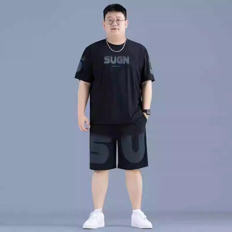 全棉纯棉冰丝休闲运动速干套装夏季新款男士加肥加大t恤短袖短裤