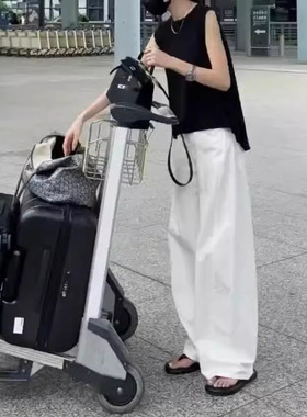 法国gentle motto夏季新款黑色无袖宽松马甲洋气阔腿长裤女潮