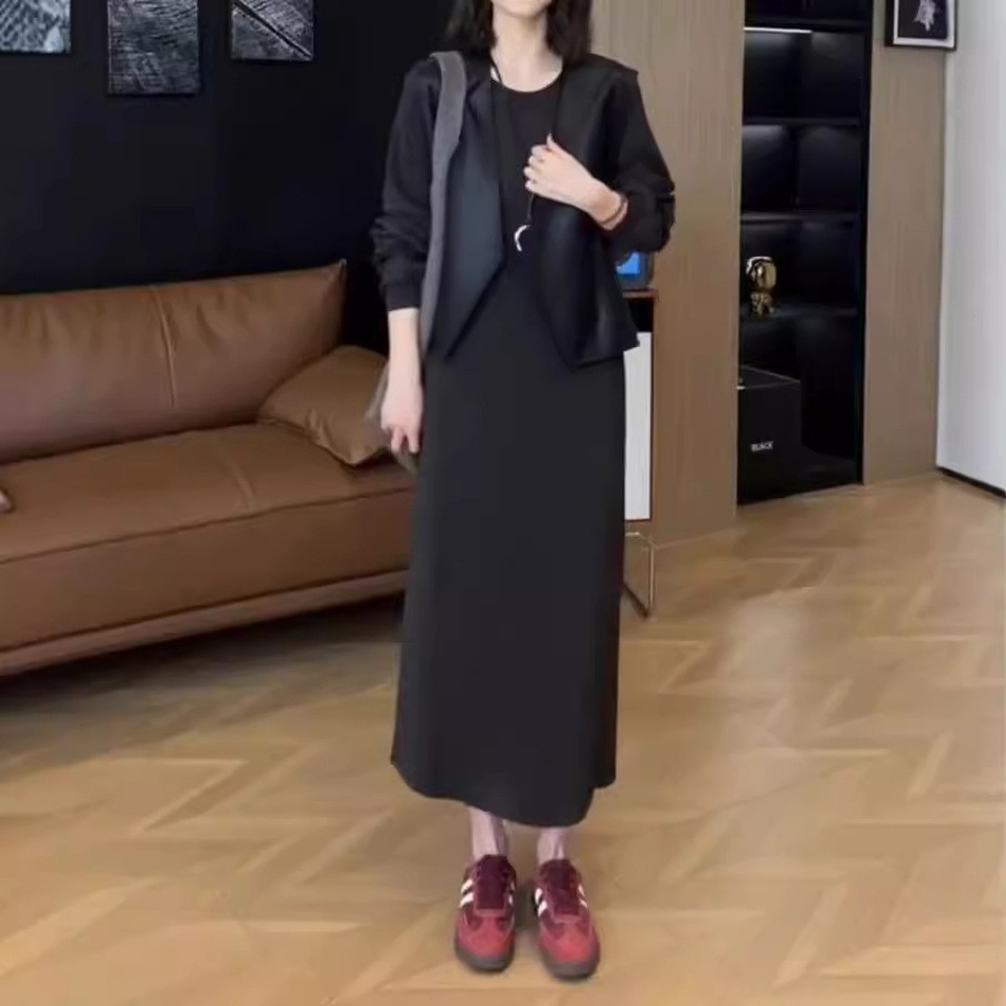 法国gentle motto秋季新款简约宽松中长款连衣裙搭马甲洋气女