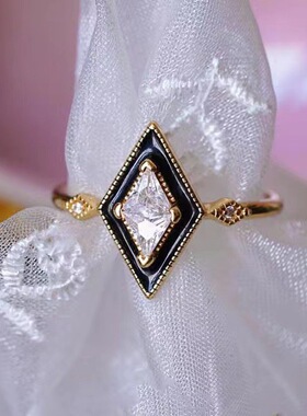 法国gentle motto《黑方块》文艺复兴复古小众几何菱形滴油戒指镀