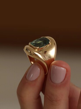 法国gentle motto绿碧玺厚金复古戒指时尚简约个性百搭气质