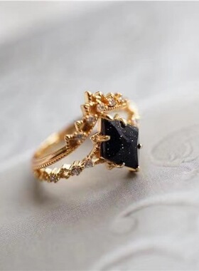 法国gentle motto日系蓝砂石闪烁星光皇冠梦幻蕾丝镀925复古套戒