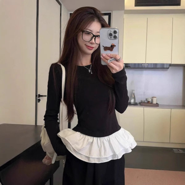 法国chrry koop芭蕾风花边拼接撞色长袖T恤女秋季辣妹显瘦正肩