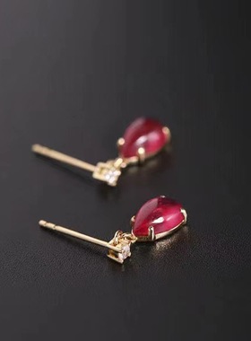 法国Gentle Motto【红水滴】素面仿红宝石女款耳钉镀925镶嵌锆石