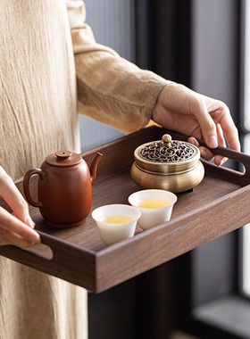 复古胡桃木直角方盘居家木制实用托盘茶具简约易搭收纳盘点心茶盘