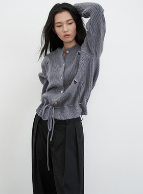 SAMEFLOW 法式收腰抽绳针织开衫女秋冬刺绣花朵镂空羊毛毛衣上衣