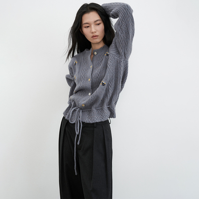 SAMEFLOW 法式收腰抽绳针织开衫女秋冬刺绣花朵镂空羊毛毛衣上衣