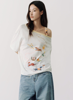 SAME FLOW 趣味卡通童趣小狗元素单边斜肩吊带手工编织短袖T恤