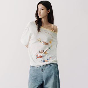 素单边斜肩吊带手工编织短袖 趣味卡通童趣小狗元 T恤 FLOW SAME