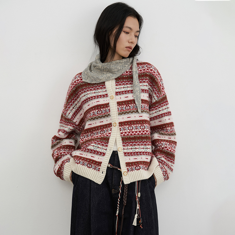 SAMEFLOW 复古羊毛针织开衫上衣女冬季费尔岛提花红色毛衣外套