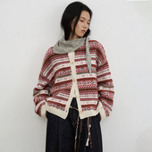 SAMEFLOW 复古百搭羊毛针织开衫 上衣费尔岛提花红色毛衣外套冬女