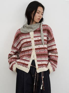SAMEFLOW 复古百搭羊毛针织开衫上衣费尔岛提花红色毛衣外套冬女