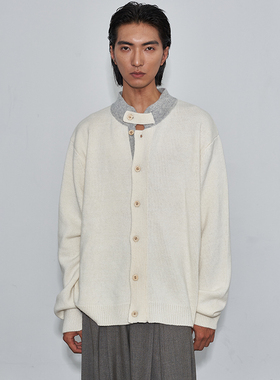 SAME FLOW 早秋氛围感暖色系抱脖保暖羊毛混纺立领撞色针织开衫