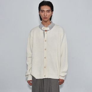 早秋氛围感暖色系抱脖保暖羊毛混纺立领撞色针织开衫 SAME FLOW