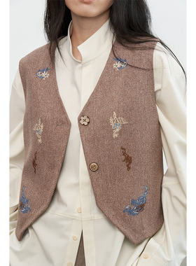 SAMEFLOW 原创肉桂色小众刺绣马甲女秋冬叠穿内搭坎肩外套