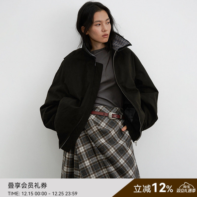 SAMEFLOW 原创格纹双领拼接90白鸭绒羽绒服女冬季保暖御寒短外套