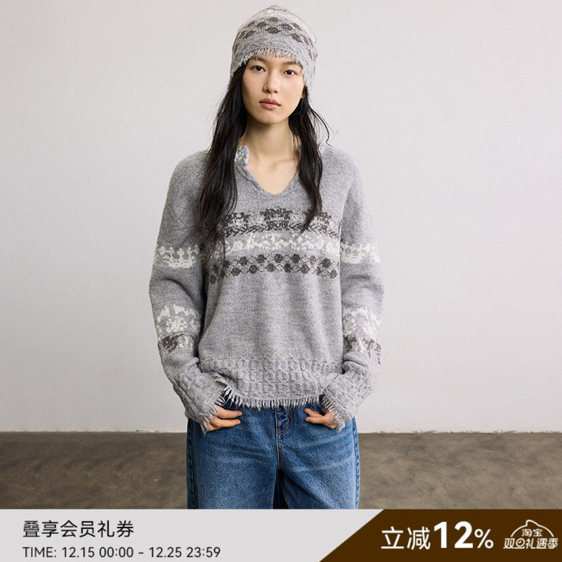 SAMEFLOW 冬季费尔岛雪花提花V领慵懒风松弛感短款休闲毛衣上衣