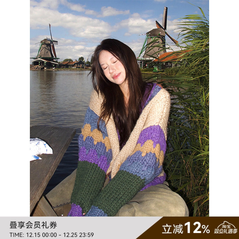 SAMEFLOW X Babeei张张 彩色羊毛毛衣开衫泡泡袖短款拼接撞色设计