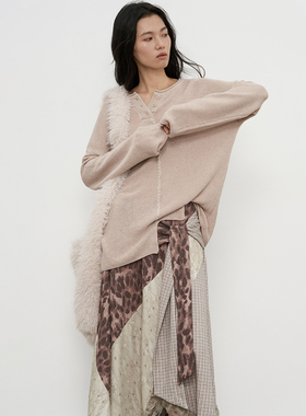 SAMEFLOW 秋季v领天丝亚麻长袖设计感针织衫女宽松老钱风上衣