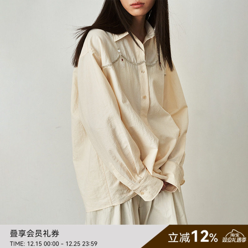 SAME FLOW 早秋时尚重工珠片钉钻肌理感气质廓形落肩设计长袖衬衫