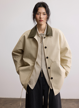 SAMEFLOW 复古清新绿中长款拼领夹克领撞色百搭宽松落肩设计外套