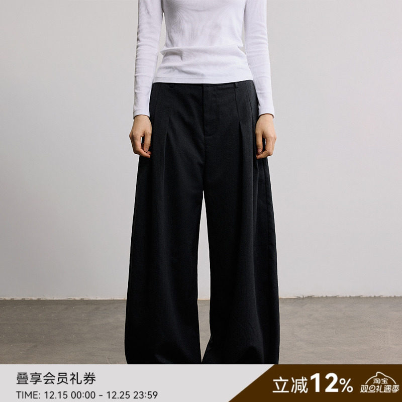 SAMEFLOW 中性风格叠褶休闲裤女秋冬宽松阔版垂感羊毛毛呢西裤