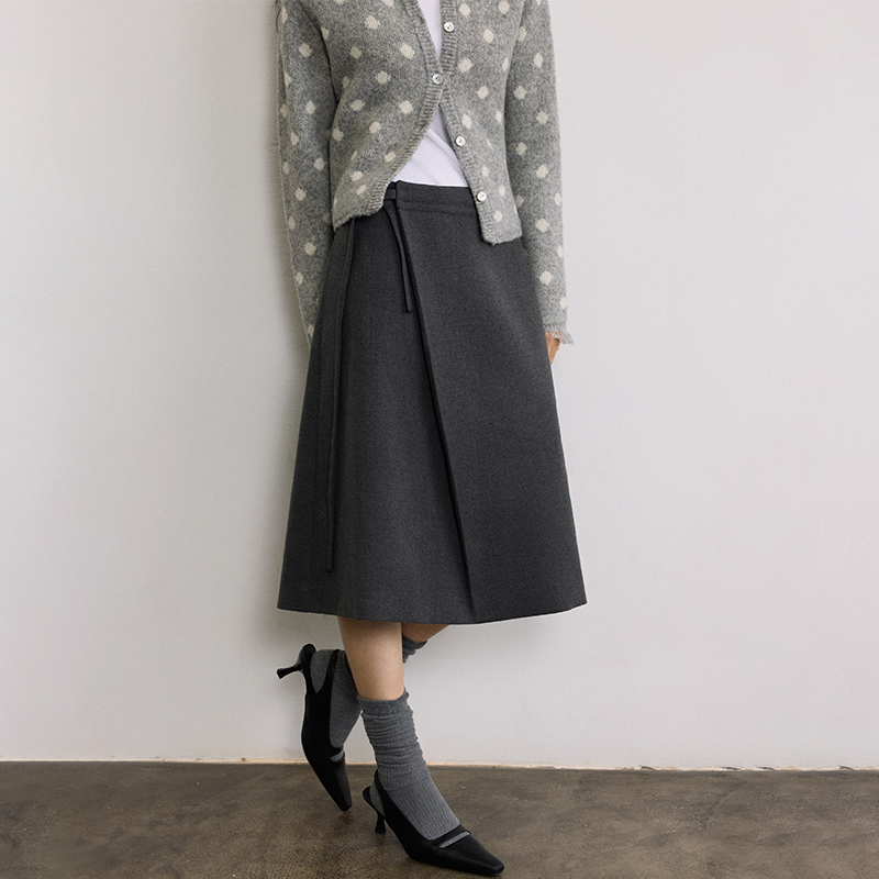SAMEFLOW 复古休闲挺括自带系带腰线中长款褶裥经典百搭毛呢半裙