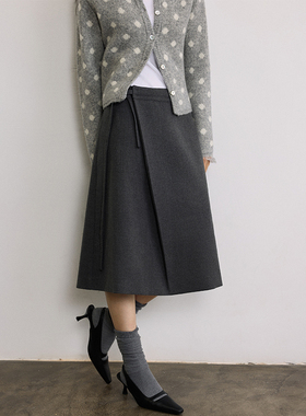 SAMEFLOW 复古休闲挺括自带系带腰线中长款褶裥经典百搭毛呢半裙